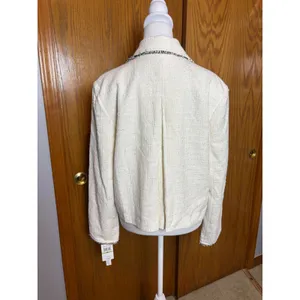 Amanda + Chelsea Natural Tweed Fringe Button Front Jacket Cream Black NWT M thumbnail 4