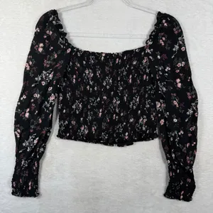 Reformation Black Floral Smocked Crop Top Square Neck Long Sleeve Small thumbnail 1