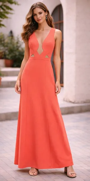 BCBGMAXAZRIA Women Coral‎ Deep V-Neck Cutout Sleeveless Maxi Gown Dress Size 0 thumbnail 1
