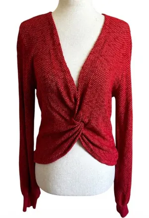 LAmade Womens Red Twist Front V-Neck Long Sleeve Textured Knit Top Size M | 0084 thumbnail 1