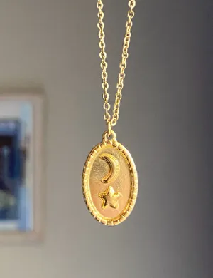 Handmade gold stainless steel celestial whimsical vintage oval moon & star necklace🌟 thumbnail 2
