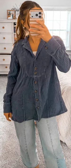 Free People Blue textured button up Long sleeve thumbnail 1