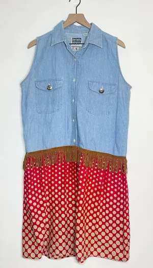 Vintage Details Express Tunic Shirt Women's Size Large‎ Blue Chambray Fringe 90s thumbnail 1