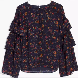 Madewell Ruffle-Sleeve‎ Top Blouse in Climbing Vine Navy Blue Floral Size Medium thumbnail 4