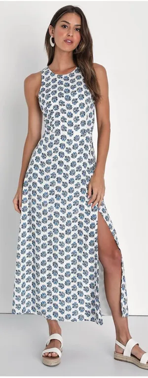 Lulus Flirty Fave Ivory Floral Print Tie-Back Midi Dress Size Large Sleeveless thumbnail 1