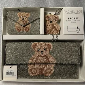 Rachel Zoe Silver Beaded Teddy Bear Clutch Shoulder Strap Card Case Bag Charm thumbnail 1