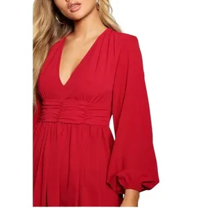 UMENLELE Red Long Sleeve Ruched V Neck‎ Mini Dress Women's Size Medium thumbnail 2