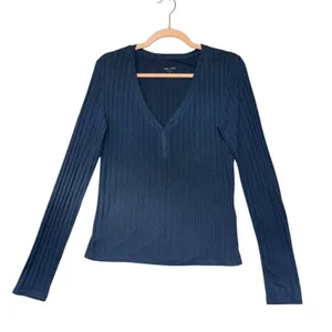 State of Day Intimates Blue Ribbed Henley Pajama Set Long Sleeve Wide Leg Small thumbnail 3