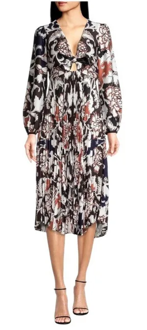 Delfi Collective‎ Dress Women Medium Black Claudine Printed Stretch Crepe Midi thumbnail 1