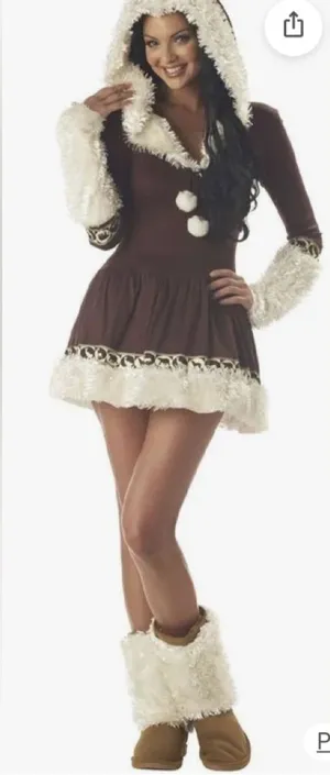 Kissing Eskimo Costume XL Women's Brown Faux-Fur Trim Mini Skirt n Boot Covers thumbnail 1