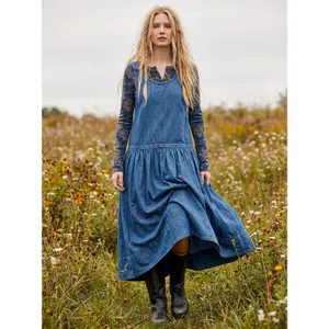 Free People XL Retro 90s Soraya Light Denim Sky Drop Waist Midi Jumper Dress thumbnail 4