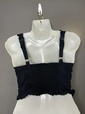 Urban Outfitters Tank Top Womens Small Black Embroidered Floral Lace Up Cropped thumbnail 4