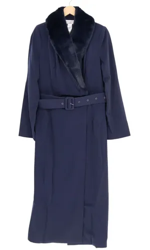 Naked Wardrobe The Statement Trench Coat Womens Medium Navy Fur Shawl Collar thumbnail 1