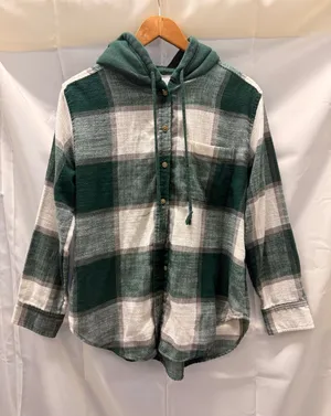American Eagle Cozy Plaid Flannel Button Down‎ Oversized Shacket Green Small thumbnail 1