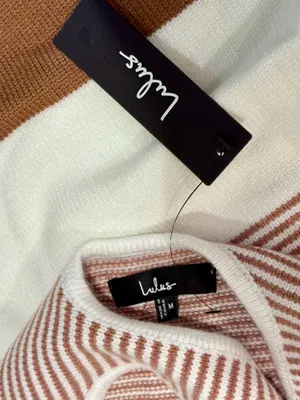 Lulus Easily Gorgeous Ivory and Brown Striped Midi Sweater Dress thumbnail 3