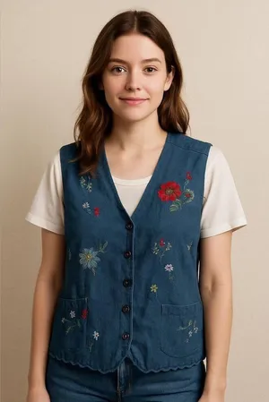 Vintage embroidered floral denim vest with attached shirt cottagecore grandma thumbnail 1