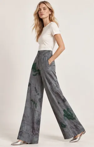 Veronica Beard 0 Robinne Wide Leg Pleated Trousers Gray Green Watercolor Artwear thumbnail 1