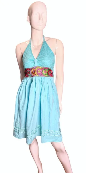 Vintage Halter Dress Blue Boho Floral Embroidered Waist Lace Bodice Sun Dress 6 thumbnail 1
