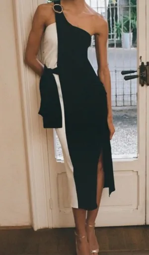 Zara Black and White One-Shoulder Midi Dress with Ring Detail thumbnail 1