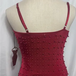 Elegant Red Beaded Dress bodycon party Valentines dark ruby spaghetti strap S thumbnail 6