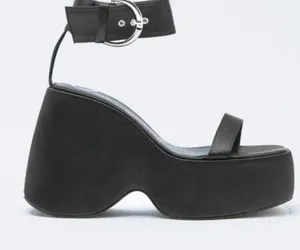 NASTY GAL Black Satin Ankle Strap Buckle Chunky Wedge Platform Sandals Size 8 thumbnail 2