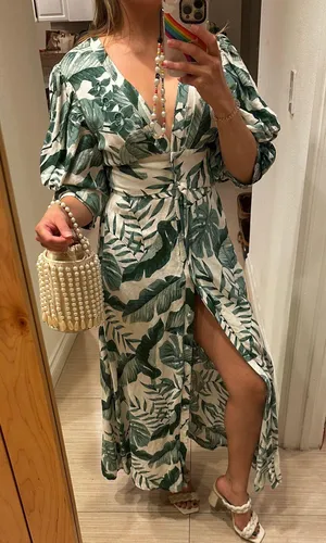 By Johanna Ortiz Linen maxi Dress Boho Puffy Sleeves Dress Floral Print thumbnail 1