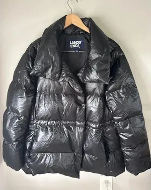 Lands’ End Black Shiny Power Down Puffer 600 Fill Jacket Adjustable Waist Large thumbnail 1