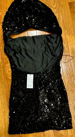 Akira NWT Cool Girl" Hood runway black Sequin Deep V Halter backless dress L thumbnail 18