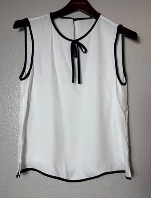 Zara Women White Blouse Black Contrast Trim Tie Neck Sleeveless Size S thumbnail 1
