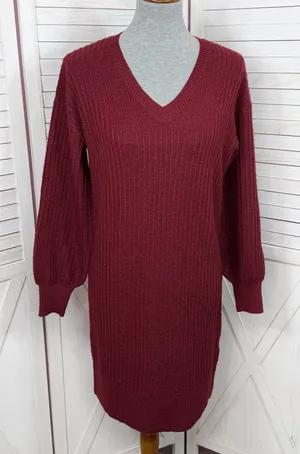 Nine West Metallic‎ Shimmer Knit Balloon Sleeve Sweater Dress Burgundy Red Small thumbnail 1