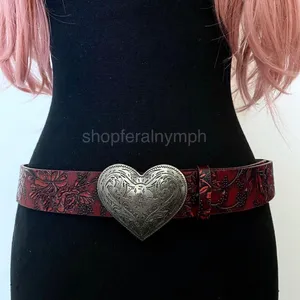 Burgundy Red Western Floral Heart Buckle Belt, Fits 33.5-43.5 Inches, X7GA1324 thumbnail 1