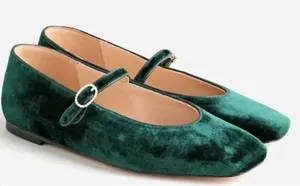 J. Crew Forest Green Velvet Anya Mary Jane Flats with Rhinestone Buckle Size 6 thumbnail 1