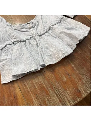 Free People Baby Blue Seersucker Puff Sleeve Babydoll Top Smocked Back S thumbnail 6