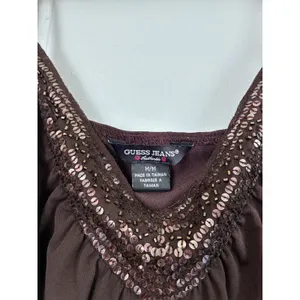 Y2K Guess Jeans‎ Womens Brown Sequin V-Neck Camisole Adjustable Strap Tank Top M thumbnail 2