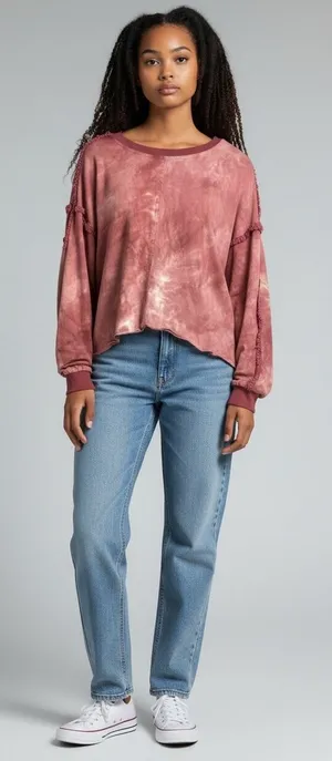 Umgee Tie Dye Distressed Frayed Hem Long Sleeve‎ Sweatshirt Top Womens M thumbnail 1