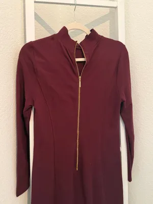 Kensie Burgundy Gold-Zip Long-Sleeve Ponte Midi Dress thumbnail 4