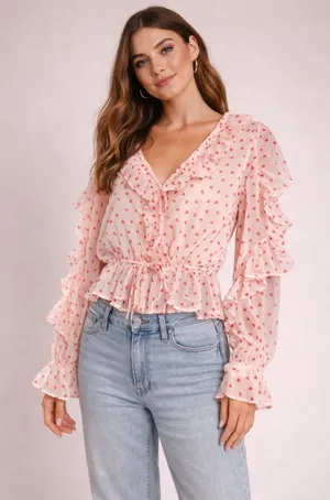 Francesca's Heart‎ Print Ruffle Crop Top Romantic XS Cream Red Coquette Chiffon thumbnail 1