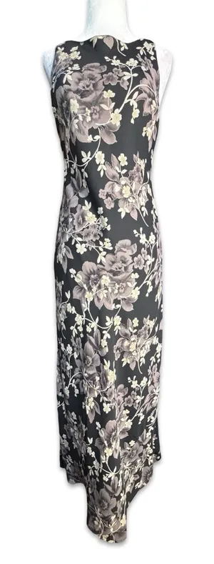 90s Floral Maxi Dress Sleeveless Black Gray Dark Romance Grunge‎ Feminine Gothic thumbnail 1