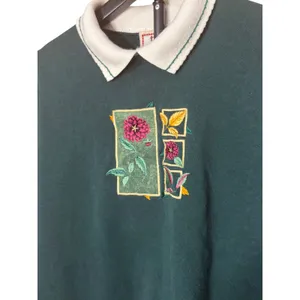 Vintage Top Stitch Morning Sun Forest Green Floral Embroidered Polo Sweatshirt L thumbnail 2