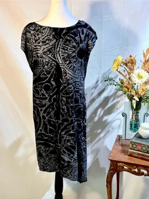 💥Bryn Walker Abstract Print Asymmetrical Tunic Dress Black Gray Stretch Sz L💛 thumbnail 4
