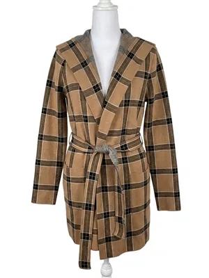 Tahari Plaid Hooded Belted Cardigan Coat Coatigan Tan‎ Black Medium M Jacket thumbnail 1