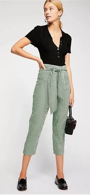 Free People West Side Tie Capri Pants Size 0 Green Gingham Retro Pinup Vintage thumbnail 1