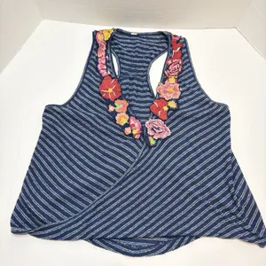 Free People Women’s Floral Embroidered Blue Stripe Frida Tank Top Size Medium thumbnail 6