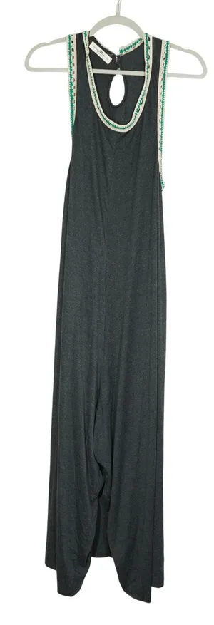 Natural Life Size Large Charcoal Gray Crochet Trim Harem Jumpsuit Lightweight thumbnail 1
