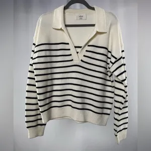Aritzia Wilfred Clara Merino Wool Polo‎ Sweater Cream Stripe Size Medium thumbnail 2