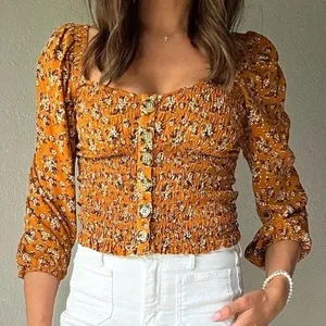 American Eagle Floral Smocked Button Top thumbnail 1
