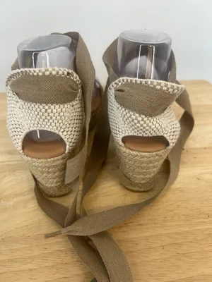 Anthropologie Maypol Spain Women LaceUp Beige Suede OpenToe Wedge Espadrilles thumbnail 3