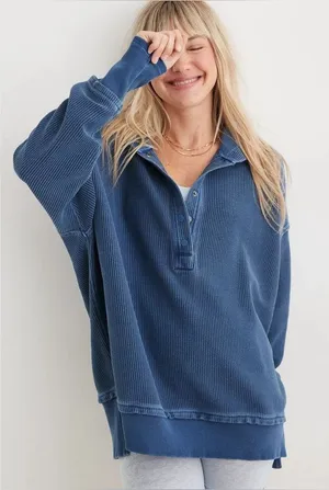 Aerie Blue Textured Oversized Hoodie XS thumbnail 1