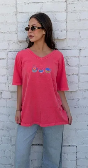 Pink vintage 90s fresh produce graphic tee with three cartoon coffee cups Sz XL #oversized #retro #coffee #hippie thumbnail 1