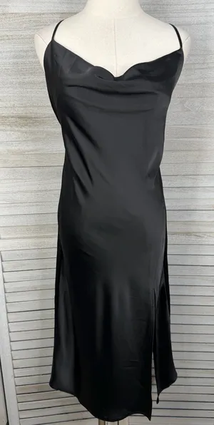 FOREVER 21 Black Satin Drape Neck Slip Dress Strappy Back & Side Slit-Large thumbnail 1